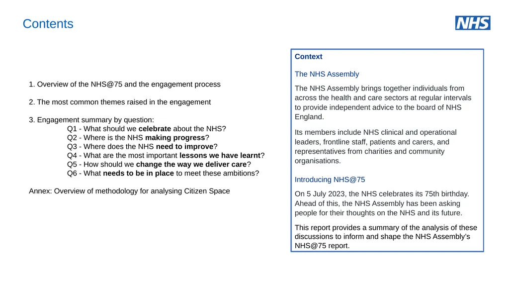 NHS Assembly: NHS@75 an engagement summary June - slide 2 of 33