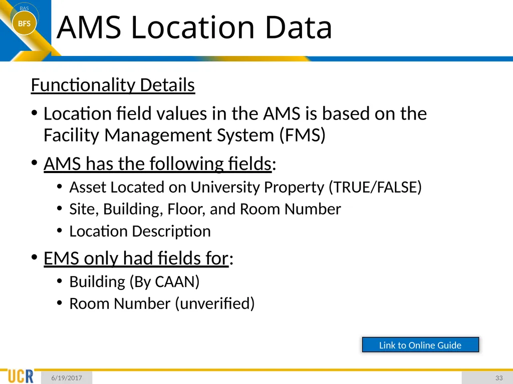 Asset Management System (AMS) Training Session - slide 33 of 52