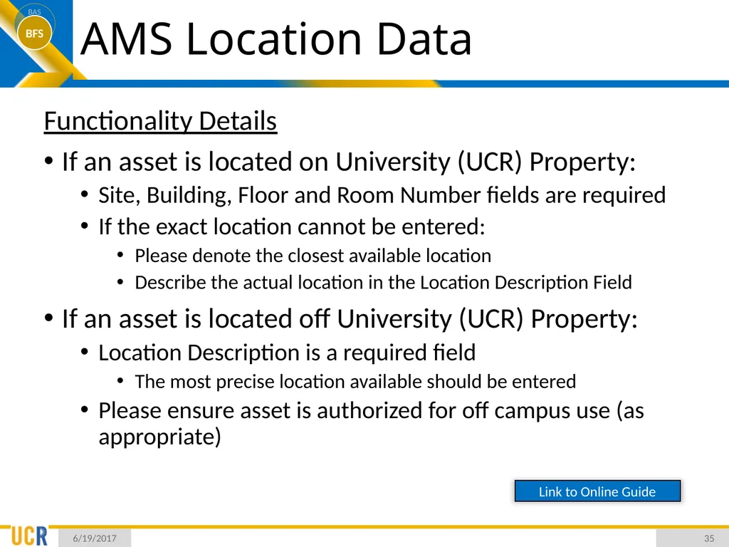 Asset Management System (AMS) Training Session - slide 35 of 52