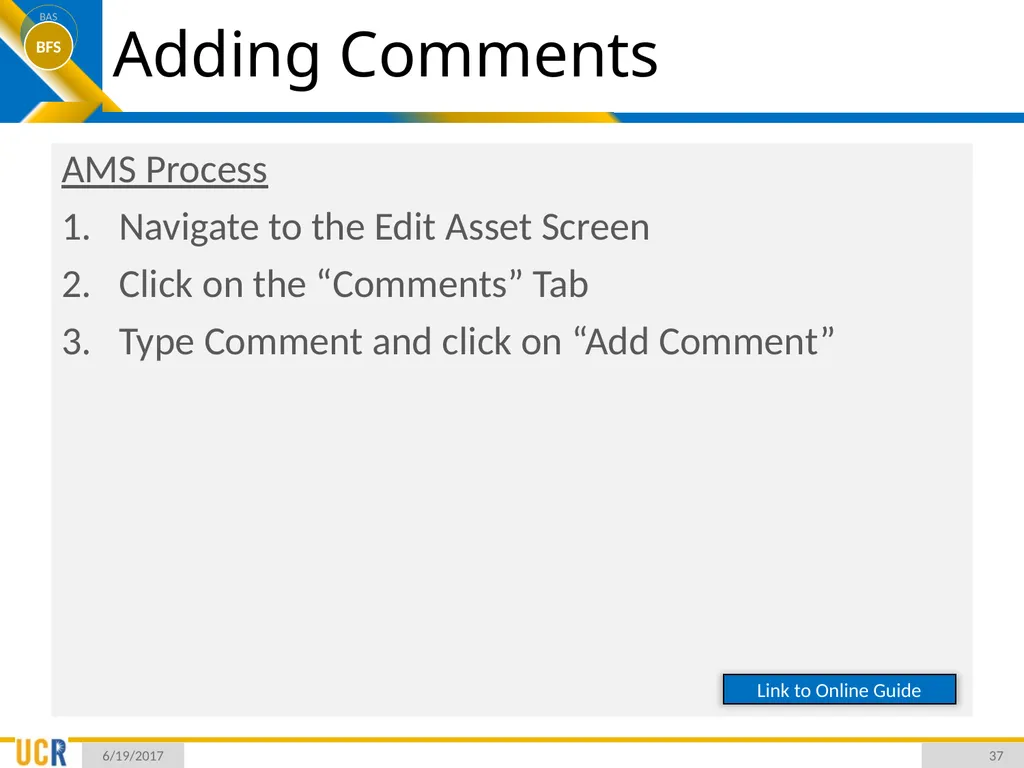 Asset Management System (AMS) Training Session - slide 37 of 52