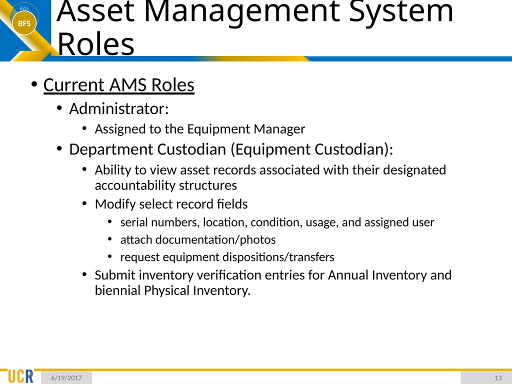 Asset Management System (AMS) Training Session - slide 13 of 52