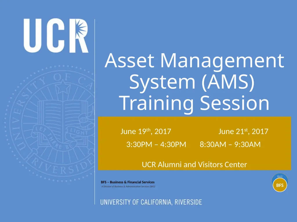 Asset Management System (AMS) Training Session - slide 1 of 52