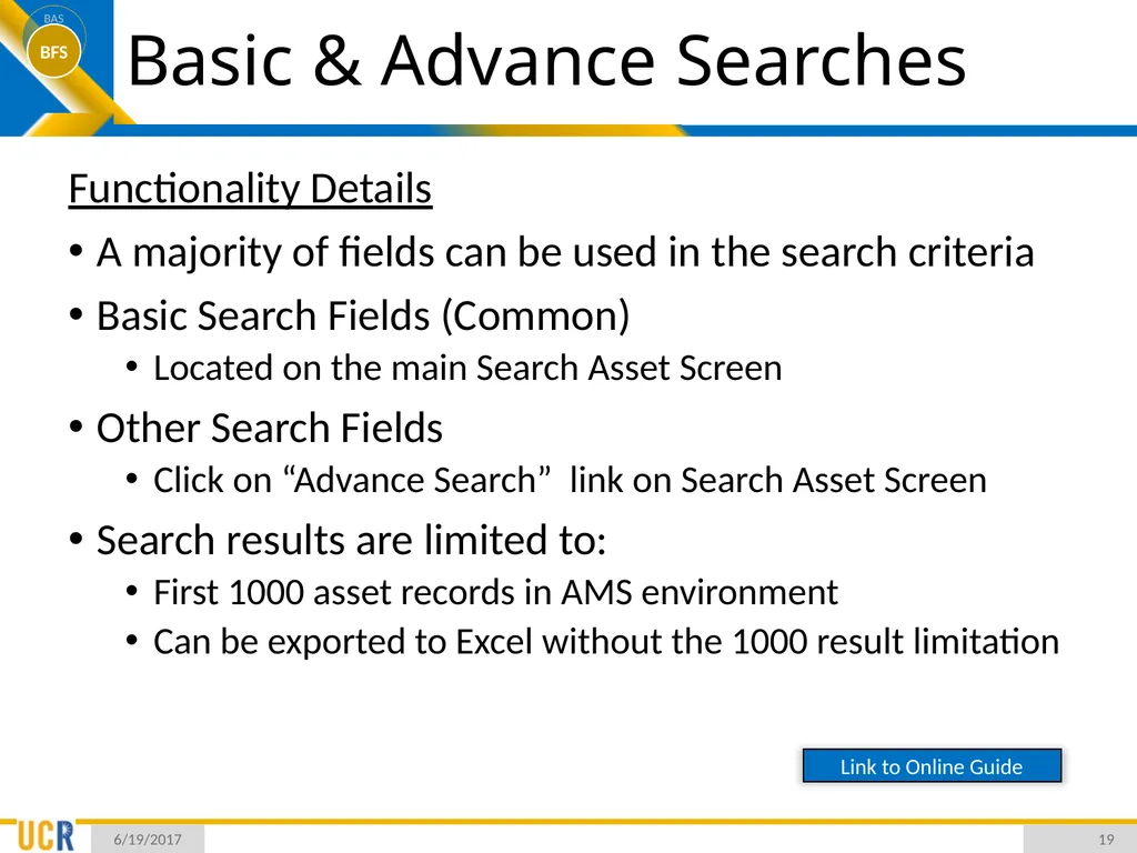Asset Management System (AMS) Training Session - slide 19 of 52