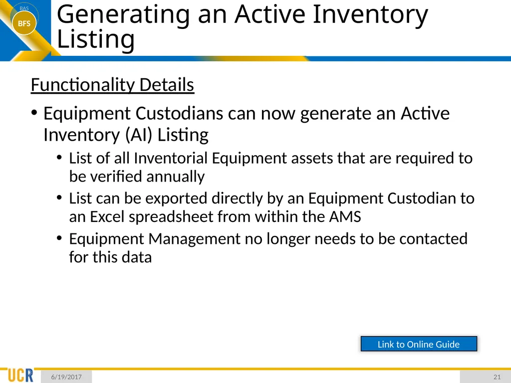 Asset Management System (AMS) Training Session - slide 21 of 52