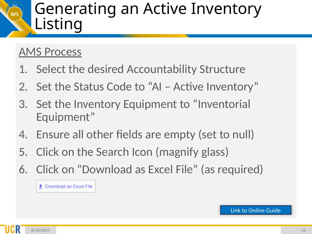 Asset Management System (AMS) Training Session - slide 22 of 52