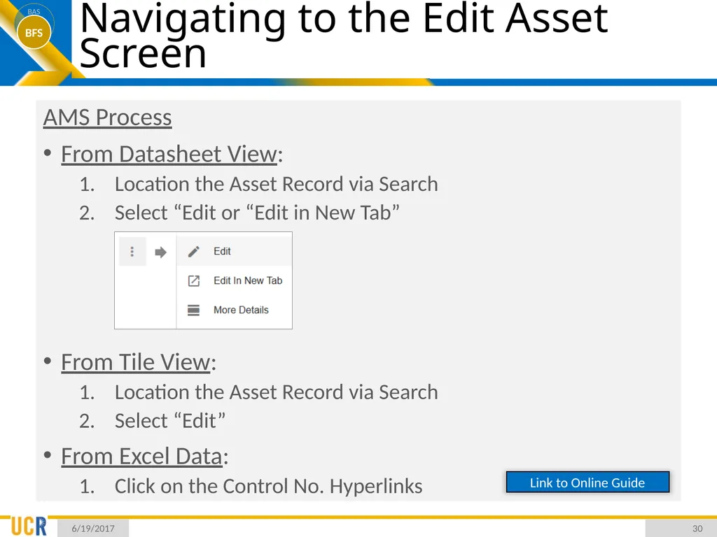 Asset Management System (AMS) Training Session - slide 30 of 52
