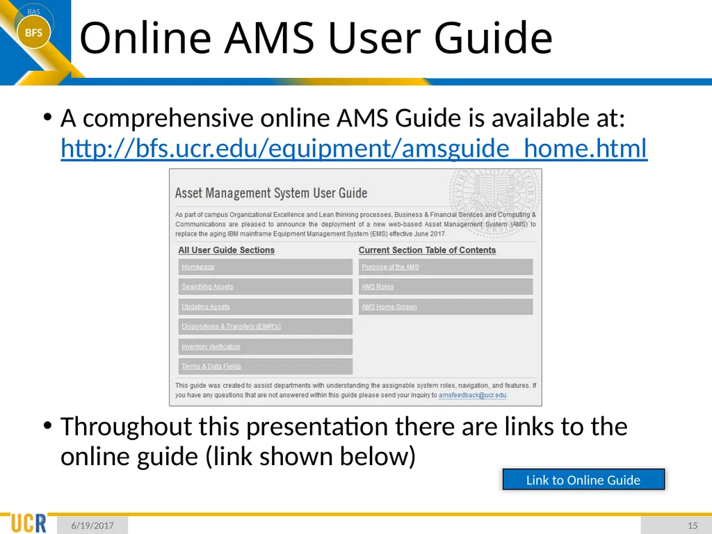 Asset Management System (AMS) Training Session - slide 15 of 52