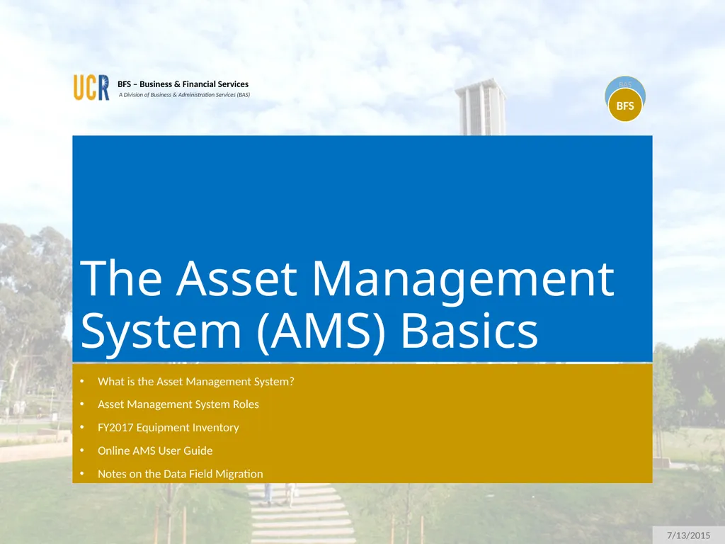 Asset Management System (AMS) Training Session - slide 8 of 52