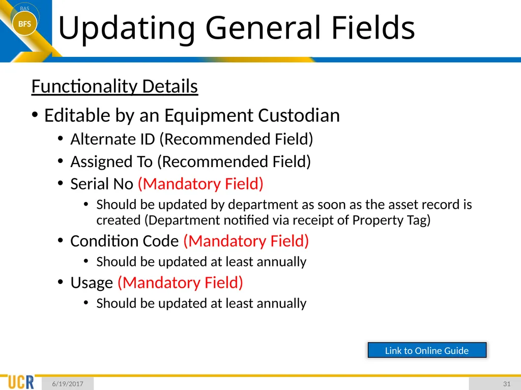 Asset Management System (AMS) Training Session - slide 31 of 52