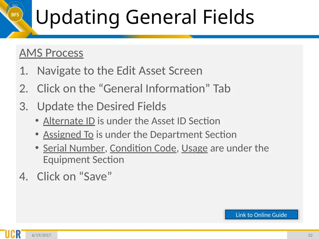 Asset Management System (AMS) Training Session - slide 32 of 52