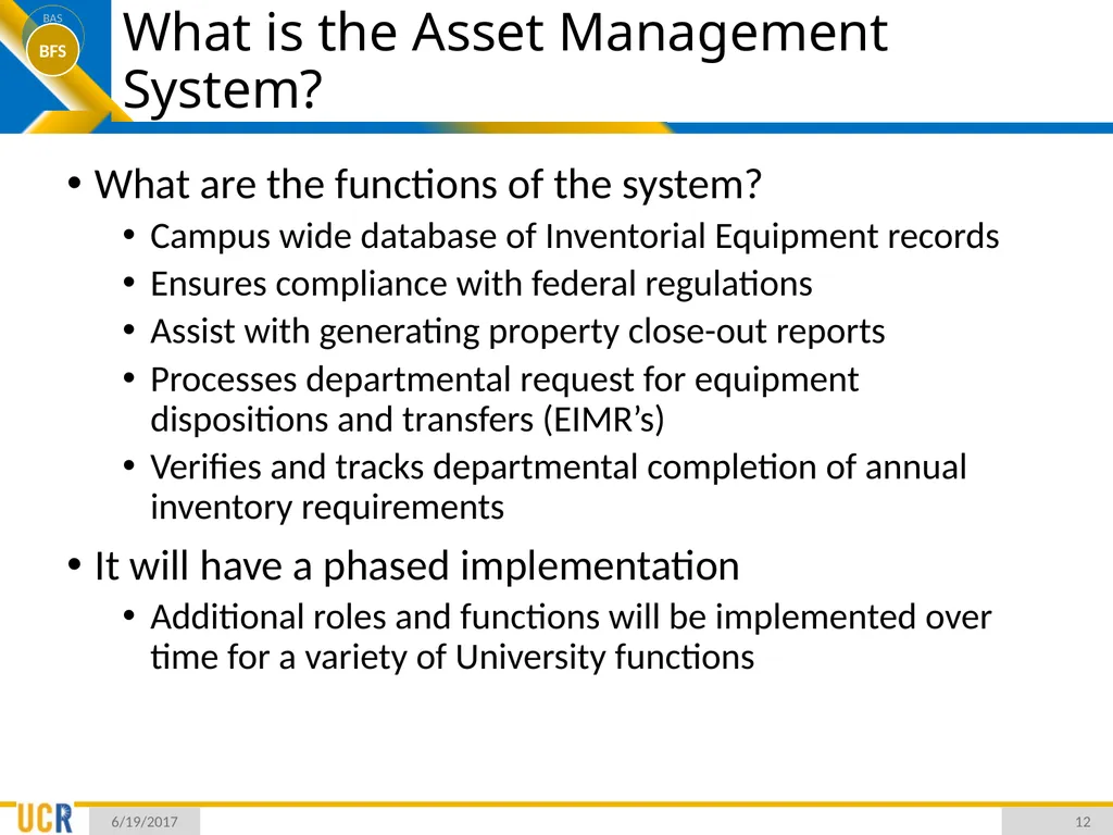 Asset Management System (AMS) Training Session - slide 12 of 52