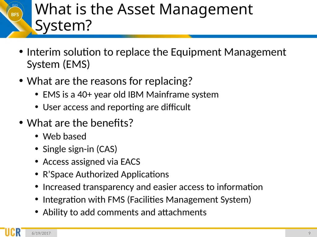 Asset Management System (AMS) Training Session - slide 9 of 52