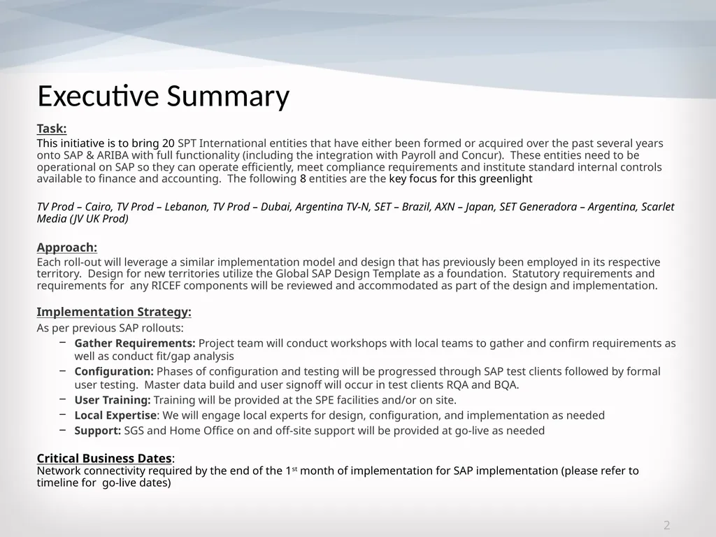 TV Rollouts: SAP and Ariba Implementation October - slide 2 of 15