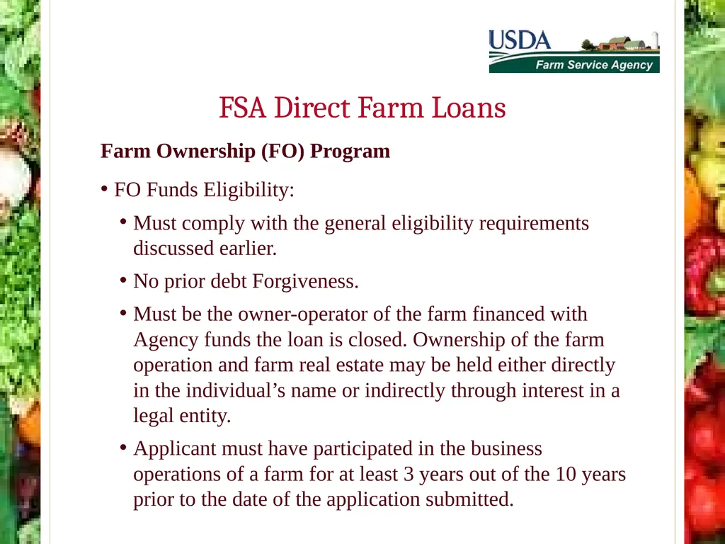 FSA Farm Loan Programs Norman Cummins USDA/FSA - slide 18 of 56