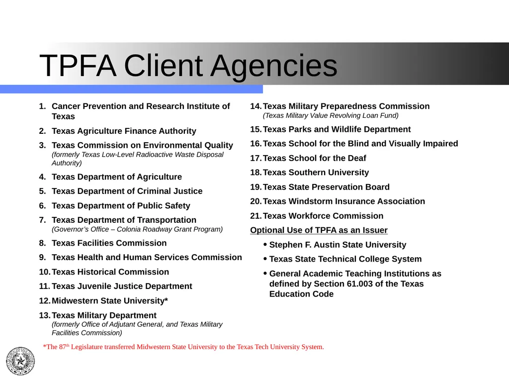 Texas Public Finance Authority Client Agency - slide 4 of 40