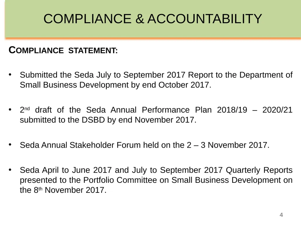 SEDA QUARTER 3 PERFORMANCE INFORMATION - slide 4 of 34