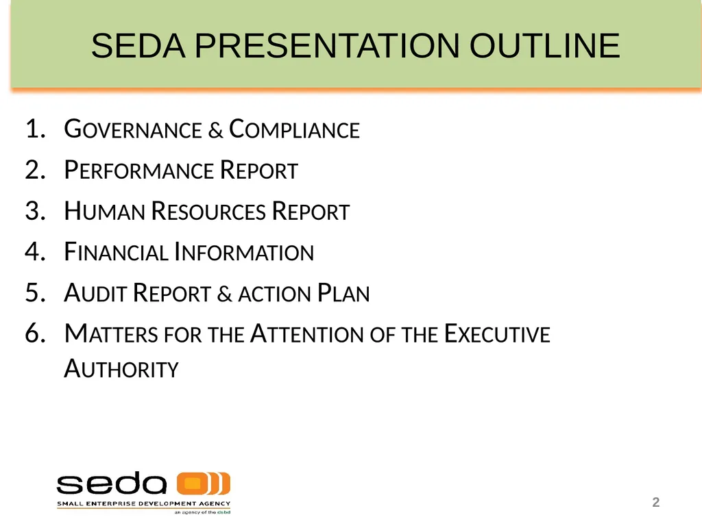 SEDA QUARTER 3 PERFORMANCE INFORMATION - slide 2 of 34