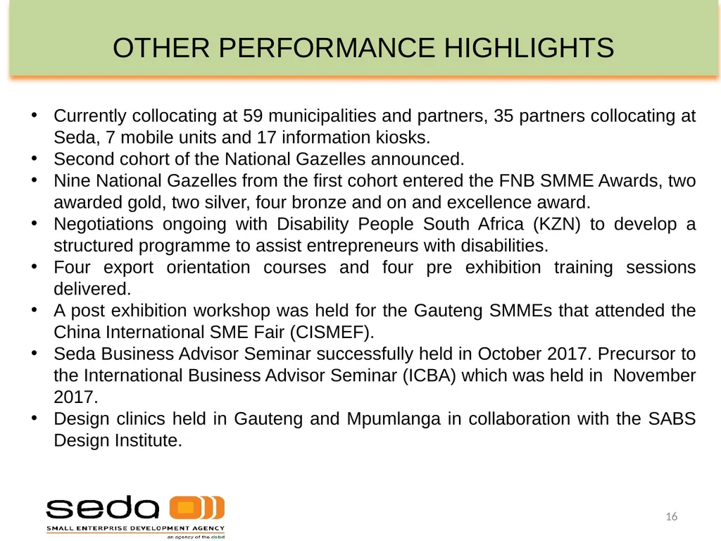 SEDA QUARTER 3 PERFORMANCE INFORMATION - slide 16 of 34