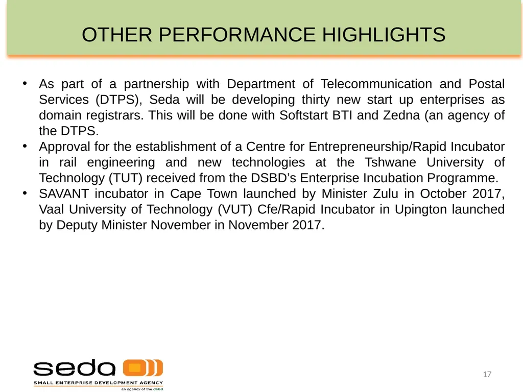 SEDA QUARTER 3 PERFORMANCE INFORMATION - slide 17 of 34