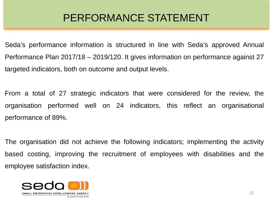 SEDA QUARTER 3 PERFORMANCE INFORMATION - slide 12 of 34