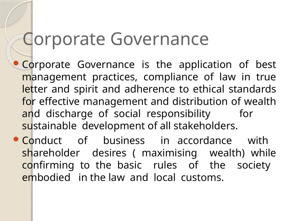 CORPORATE GOVERNANCE Corporate Governance - slide 2 of 30