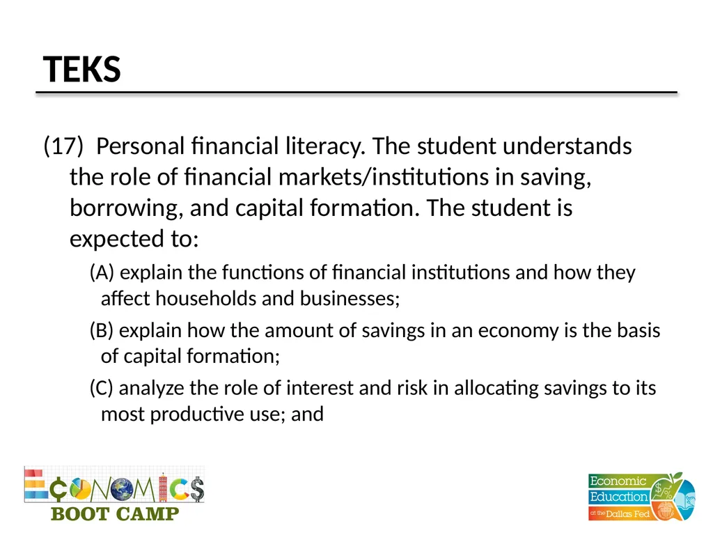 Session 12 Money and Financial Markets TEKS (12) - slide 3 of 22