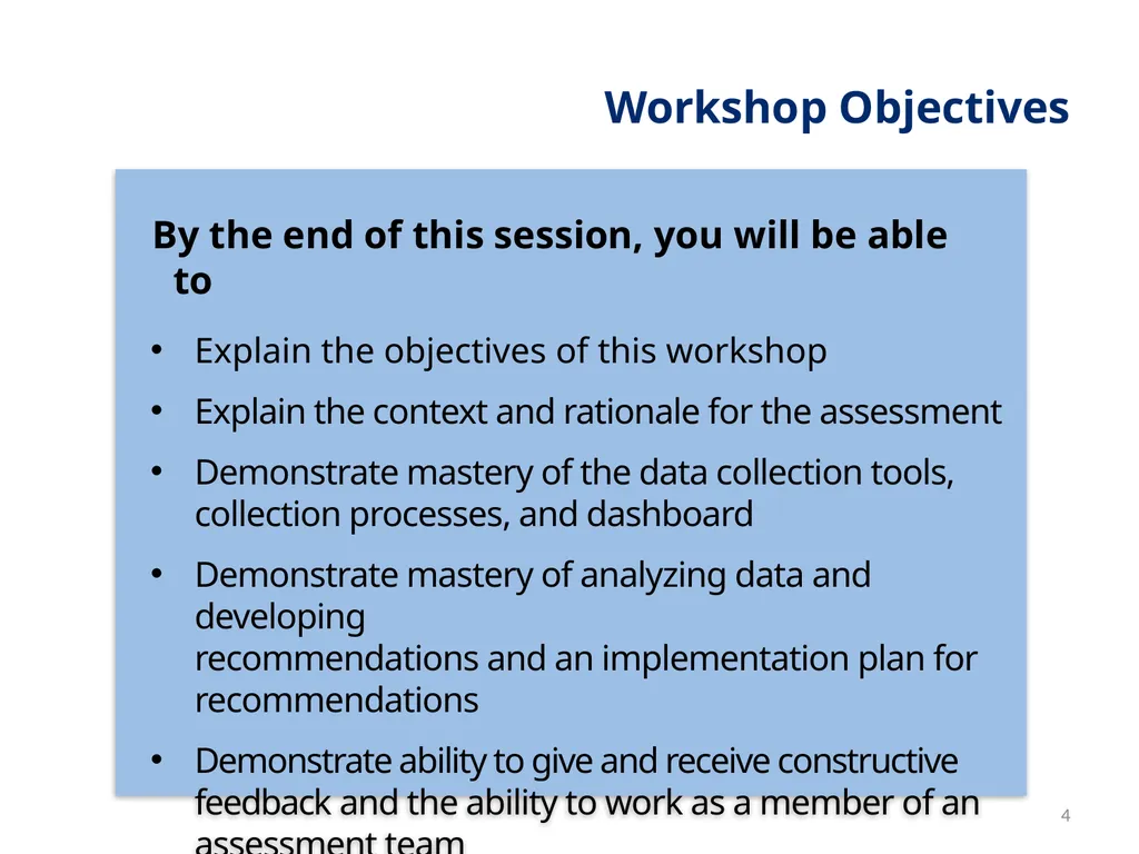 Session 1 Objectives – Workshop Welcome By the end - slide 4 of 48