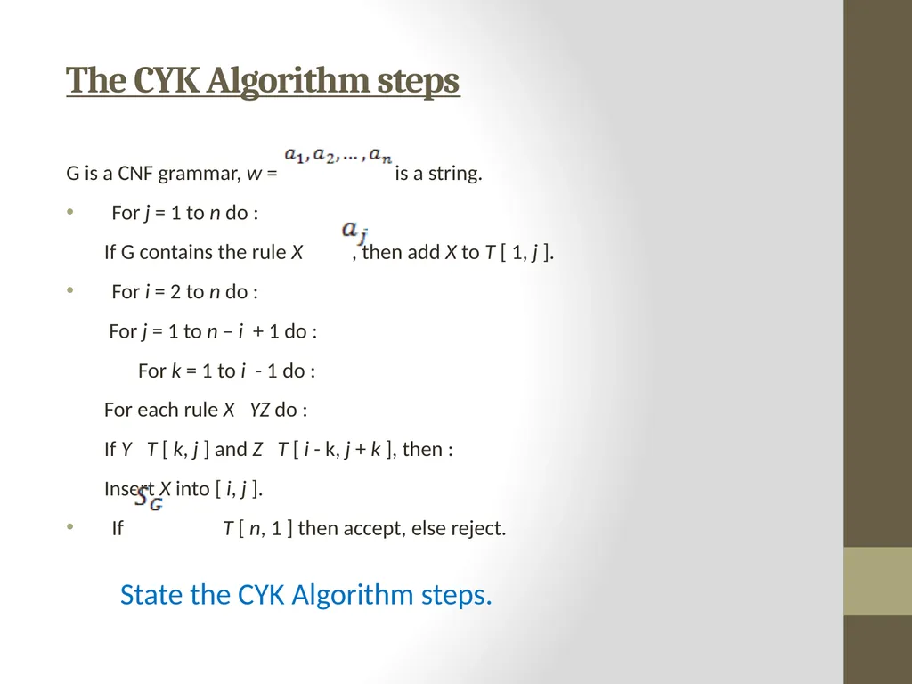 The CYK Algorithm Implementation Wesam Fadheel & - slide 7 of 22