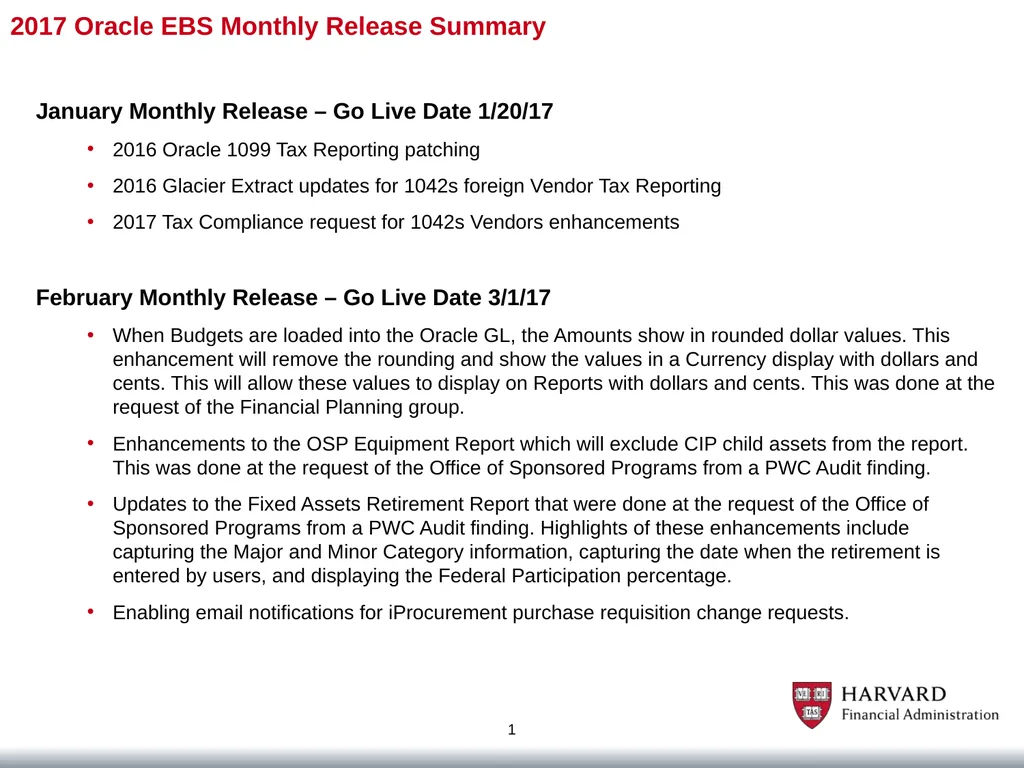 2017 Oracle EBS Monthly Release Summary 1 January - slide 1 of 7