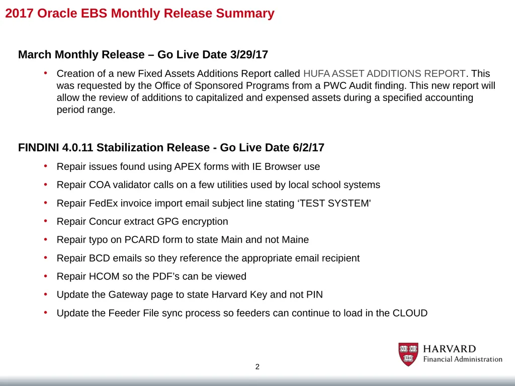 2017 Oracle EBS Monthly Release Summary 1 January - slide 2 of 7