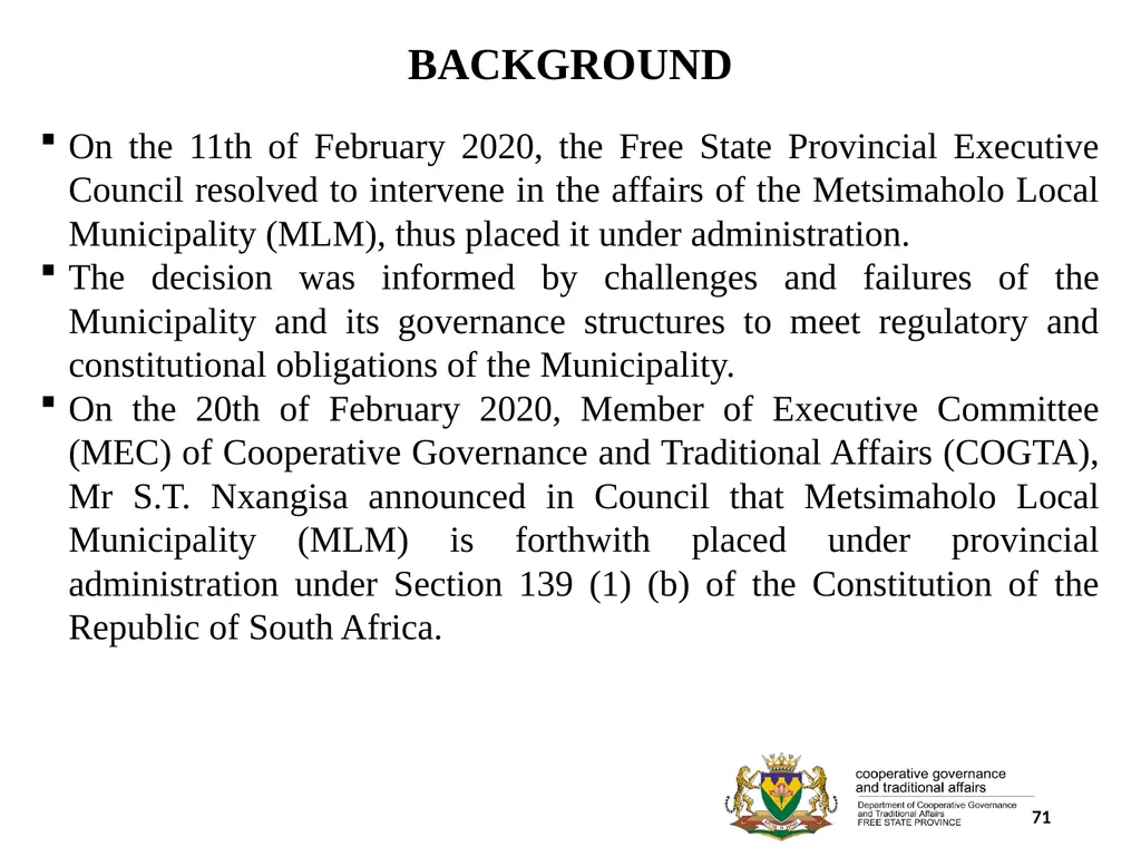 1 PORFOLIO COMMITTEE ON COOPERATIVE GOVERNANCE AND - slide 71 of 103