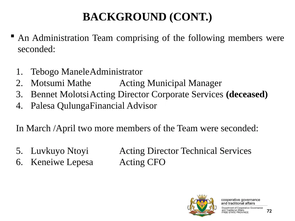 1 PORFOLIO COMMITTEE ON COOPERATIVE GOVERNANCE AND - slide 72 of 103