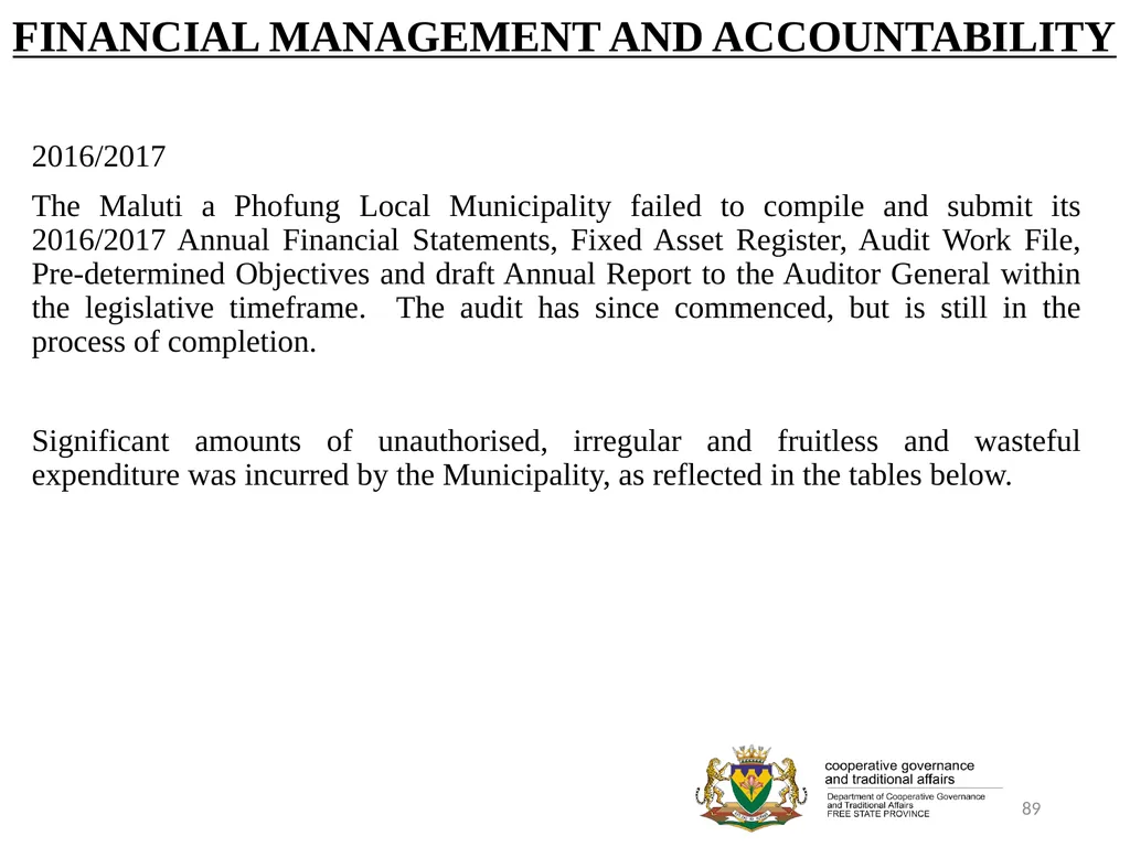 1 PORFOLIO COMMITTEE ON COOPERATIVE GOVERNANCE AND - slide 89 of 103