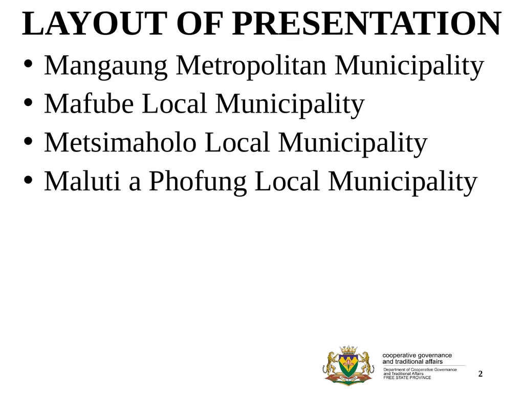 1 PORFOLIO COMMITTEE ON COOPERATIVE GOVERNANCE AND - slide 2 of 103