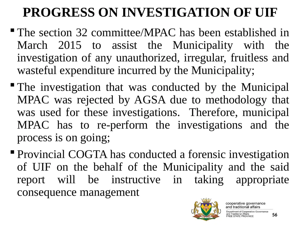1 PORFOLIO COMMITTEE ON COOPERATIVE GOVERNANCE AND - slide 56 of 103