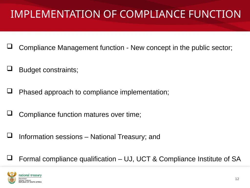 COMPLIANCE MANAGEMENT FRAMEWORK Presenter: Sandiso - slide 12 of 27