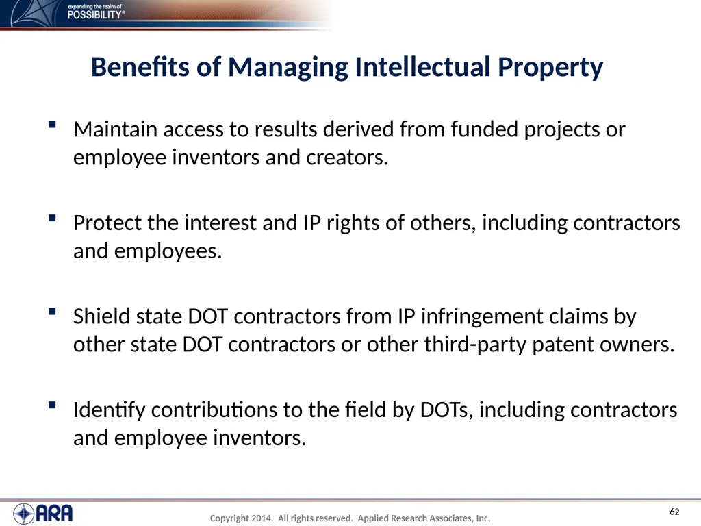 NCHRP 20-89 - Intellectual Property Management - slide 62 of 100