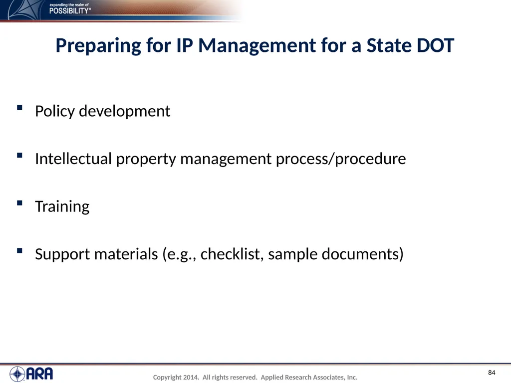 NCHRP 20-89 - Intellectual Property Management - slide 84 of 100