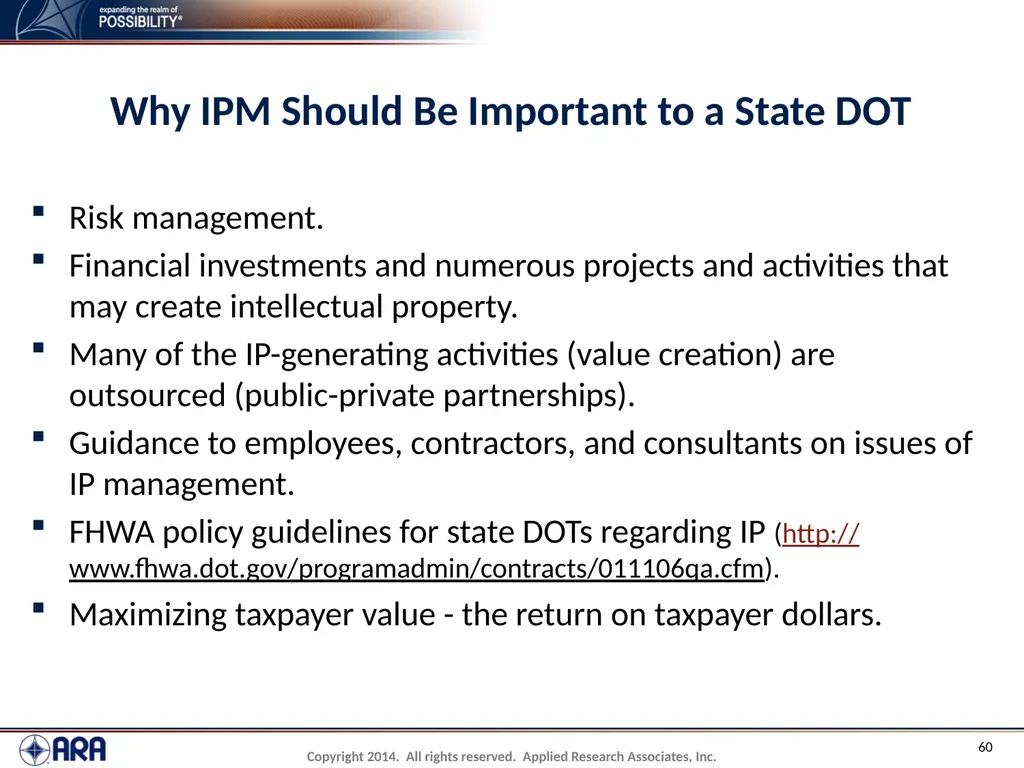 NCHRP 20-89 - Intellectual Property Management - slide 60 of 100