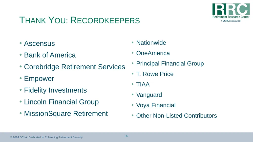 Retirement Income Solutions: Recordkeeper Study - slide 30 of 31