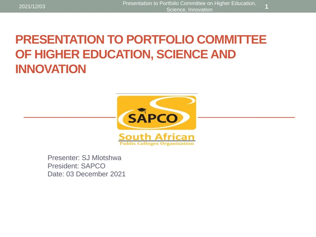 Presentation to Portfolio Committee on Higher - slide 1 of 18