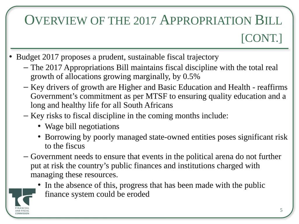 Briefing on the 2017 Appropriation Bill For an - slide 5 of 25