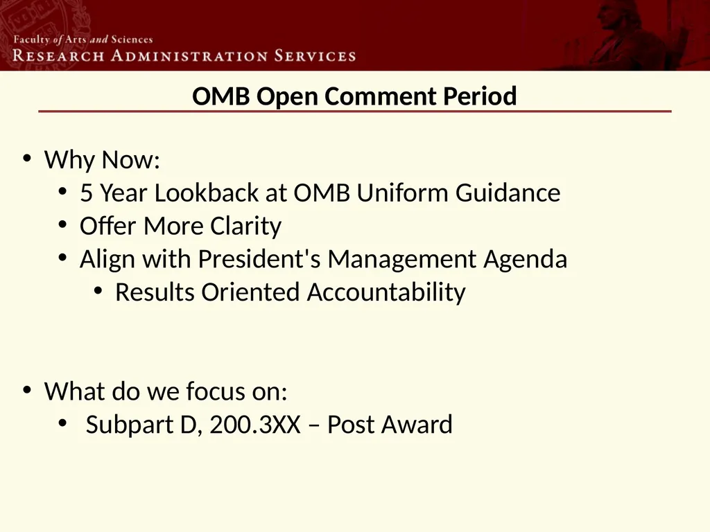 OMB Open Comment Period Why Now: 5 Year Lookback - slide 1 of 7