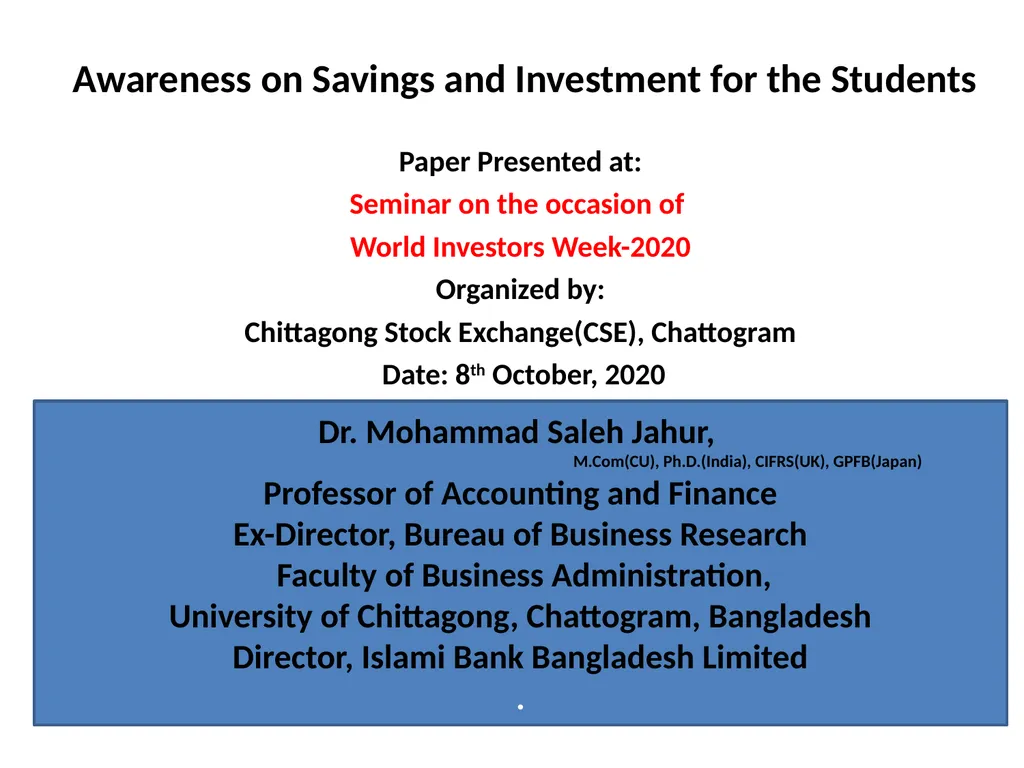 Awareness on Savings and Investment for the
