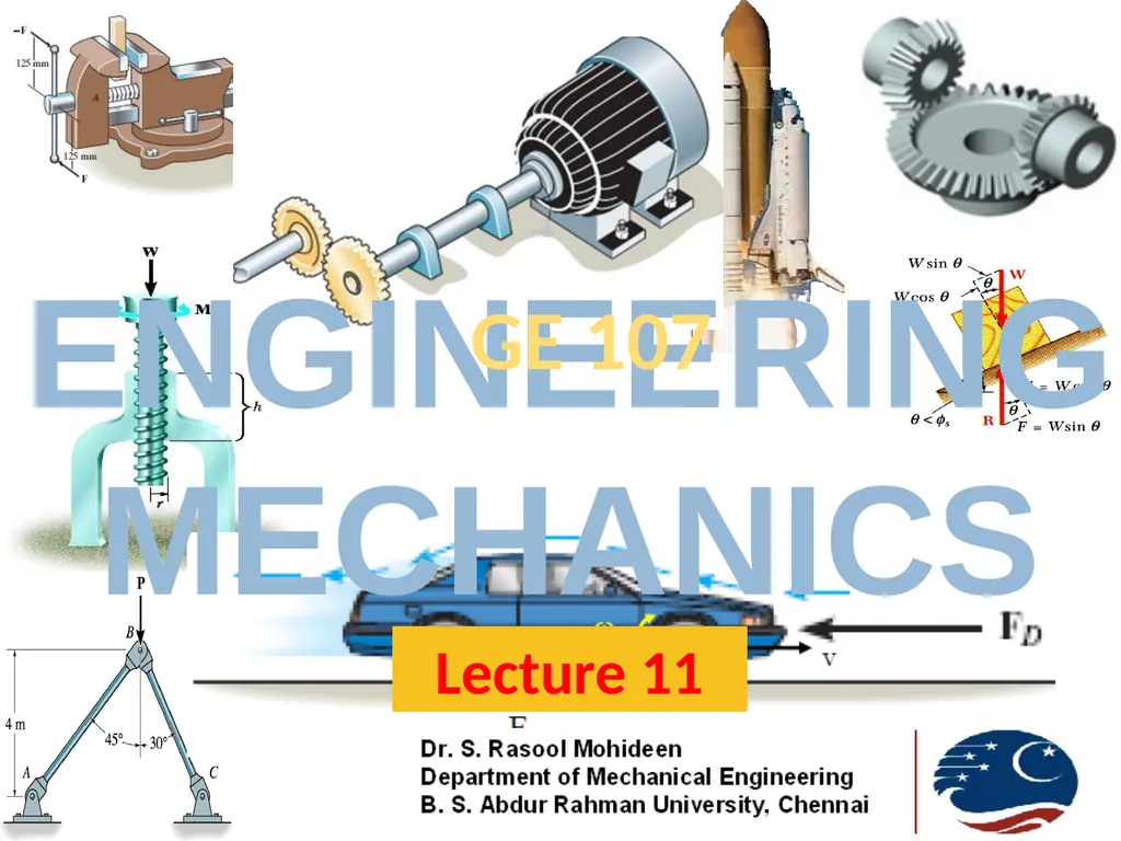 1 ENGINEERING MECHANICS GE 107 Lecture 11 Unit IV - slide 1 of 17