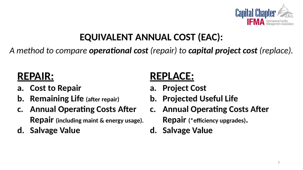 Capital Chapter of IFMA “REPAIR OR REPLACE” - slide 5 of 15