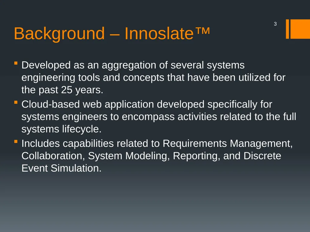 Innoslate™ Systems Engineering Management Tool - slide 3 of 23