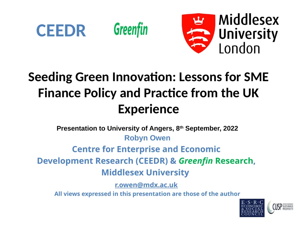 Seeding Green Innovation: Lessons for SME Finance - slide 1 of 21