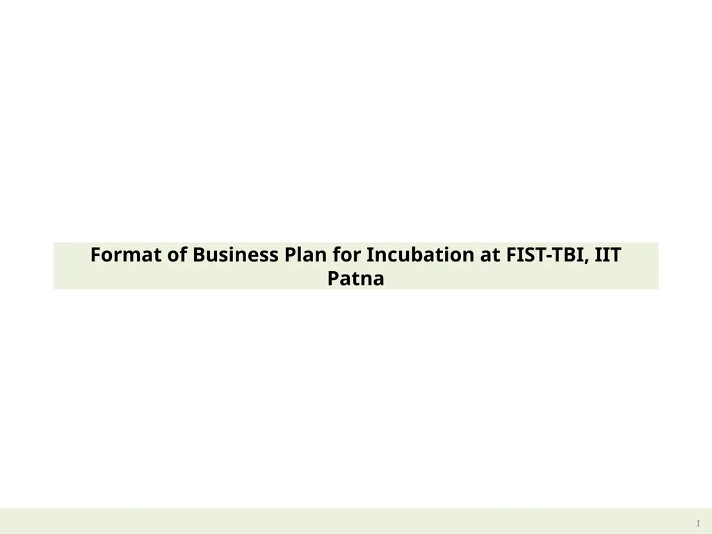 Format of Business Plan for Incubation at