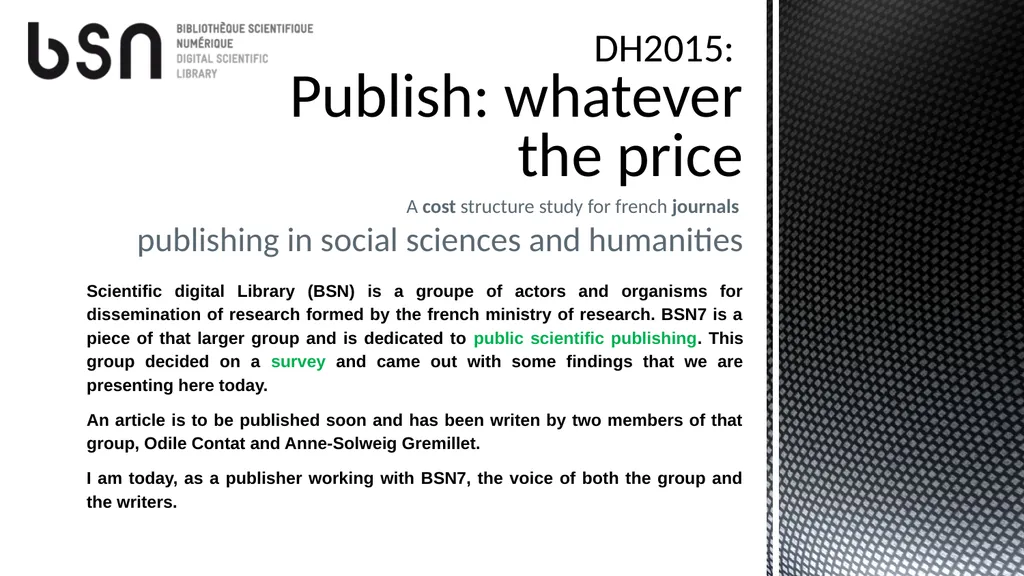 A cost structure study for french journals - slide 1 of 8